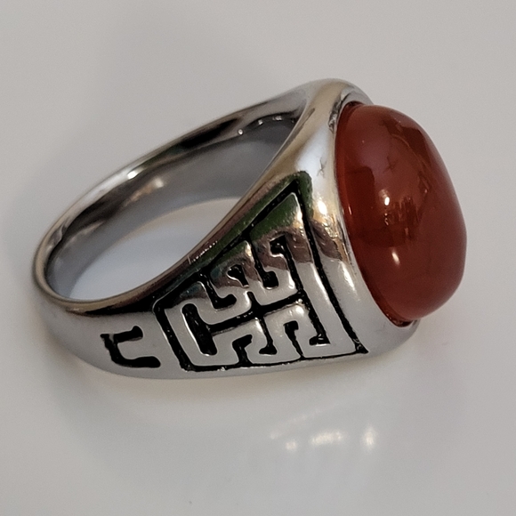 Silver Tone and Amber Colour Stone Large Size Ring - Picture 5 of 13